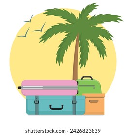 Summer landscape travel. Suitcases on the background of a palm tree in the cartoon style.