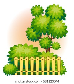 Summer landscape: Tree and bushes behind the wooden fence. Cartoon vector illustration.