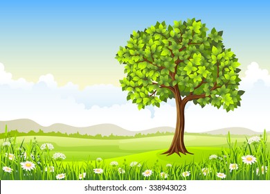 Summer landscape with tree and flowers