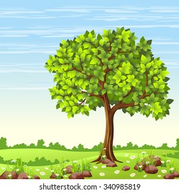 Summer landscape with tree and flowers