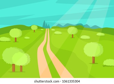 Summer landscape tree nature green grass field vector meadow rural environment natural background agriculture countryside illustration. Idyllic scenery hill park.