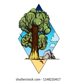 Summer landscape with a tree in the shape of diamond. Vector illustration isolated on white background for posters, stickers and much more.