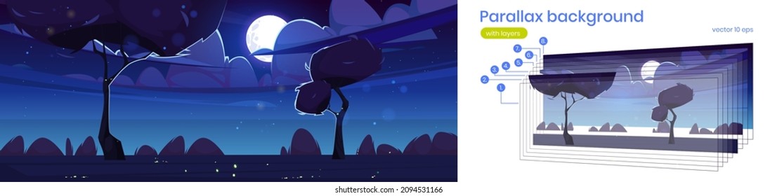 Summer Landscape With Trees And Bushes At Night. Vector Parallax Background For 2d Animation With Cartoon Illustration Of Nature Scene With Lawn, Fireflies, Clouds, Moon And Stars In Dark Sky