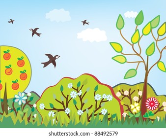 Summer landscape with trees cartoon