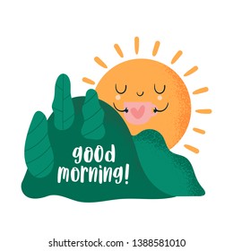 Summer landscape with trees and cute sun. Cartoon character. Good morning. Time for coffee. Flat Illustration for kids game, book, t-shirt, card, print, poster, decoration, textile