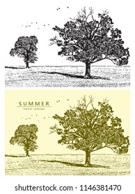 Summer landscape with trees, field and birds flying in the sky. Vector graphic illustration of summer nature in black and white and beige color, vintage style.