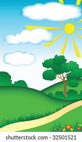Summer landscape with trees and flowers vector illustration