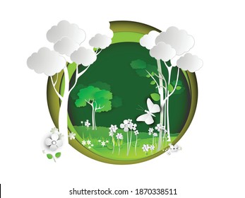 Summer landscape with trees, grass, flowers and flying big butterfly in paper art style, ecology and environment conservation concept. Vector illustration.