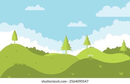 Summer landscape with trees and grass. Vector illustration in flat style.