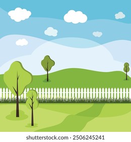 Summer landscape. Trees, grass and a white fence against a blue sky with clouds.