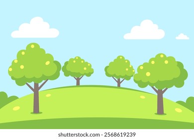 Summer landscape with trees, hills, fields and bushes. Summer landscape vector illustration with green meadow and trees in flat style.