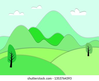 Summer landscape with trees and mountains background paper art style