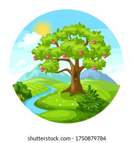 Summer landscape with trees, mountains and hills. Seasonal nature illustration.