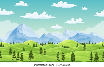 Summer landscape with trees and moutains, illustration