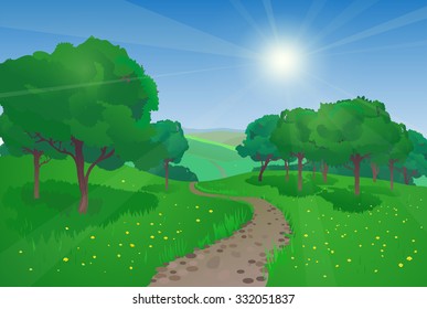 Summer landscape with trees and road