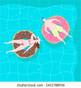 Summer landscape with tropical plants and tourists in the pool. Vector illustration.
