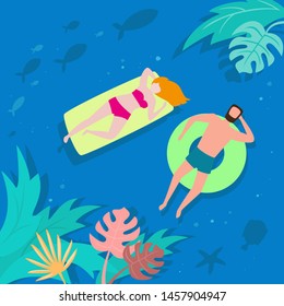 Summer landscape with tropical plants and tourists. Vector illustration.