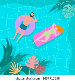 Summer landscape with tropical plants and tourists in the pool. Vector illustration.
