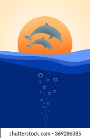 Summer landscape with two dolphins jumping above the water in the background with a sunset orange sun