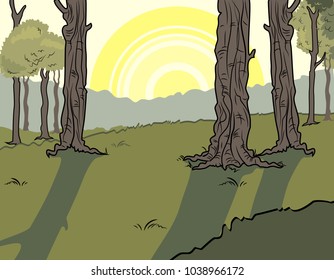 Summer landscape of the valley with trees on the background of the sun