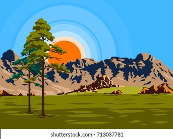 Summer landscape of the valley with trees on the background of the sun