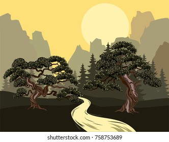 Summer landscape of the valley with trees on the background of the sun
