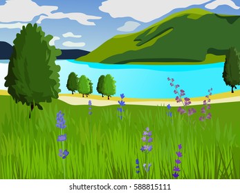 Summer landscape. Vector background. Green lawn with flowers and trees. Lake and mountains. Clear weather.