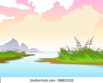 Summer landscape. Vector background. Lake. Clear weather.