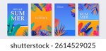 Summer landscape vector background. Social media story set for vertical summer template with copy space for text, sea, beach, sky, tropic jungle leaves. Tropical paradise design.