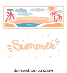 Paisaje veraniego. Gráficos vectoriales. Palmeras, mar, playa, sol. Diseño, salvapantallas, ilustración, álbum, publicidad. Una hermosa postal.