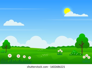 Summer landscape vector illustration with blue sky, clouds, sun, green meadow, flowers and trees suitable for kids background