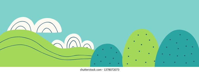 Summer landscape vector illustration in doodle style. Trees, sky and clouds  hand drawn background for banner
