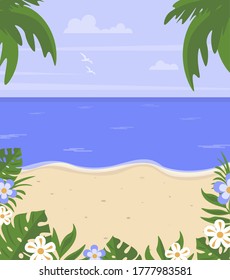 Summer landscape. Vector illustration in flat cartoon style. Beach and seaside. Banner, postcard or landing page. Summer theme background.