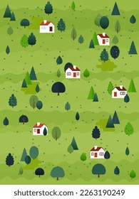 Summer landscape vector illustration. Flat style trees and firs with village cottage houses and mountains. Nature scene poster or card.