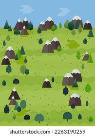 Summer landscape vector illustration. Flat style trees and firs with village cottage houses and mountains. Nature scene poster or card.