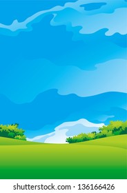 Summer landscape . Vector illustration of summer landscape with green meadows, blue sky and sunbeams