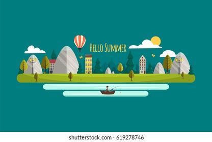 Summer landscape. Vector illustration. Hello summer. Flat style nature with mountains and houses. Airballon, river and fisherman. Ecolife. Green summer nature landscape.