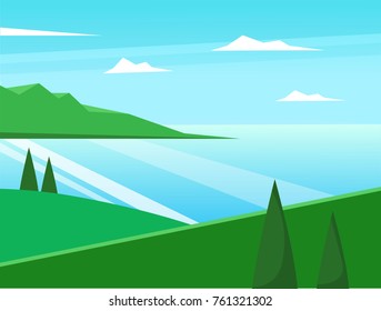 Summer landscape vector illustration. Lake, green mountains, green hills.