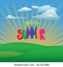 Summer landscape. Vector illustration of  Summer lettering. Summer banner with clouds and sky. Summer season illustration. Summer season picture.