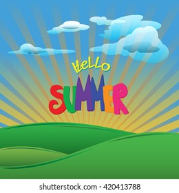 Summer landscape. Vector illustration of  Summer lettering. Summer banner with clouds and sky. Summer season illustration. Summer season picture. Template for summer design. Hello summer.