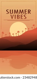 Summer landscape vector illustration. Mountains with palm trees silhouette poster