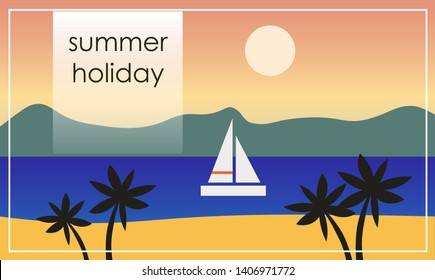 Summer landscape. Vector illustration in trendy flat style. Summer holiday background. Sea landscape with palm trees and a sailboat.