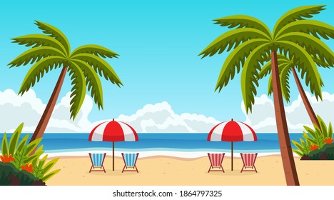 Summer landscape vector illustration with Tropical Beach Palm Tree and umbrella for relaxing