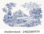 The Summer Landscape. Vector vintage illustration. Blue and white