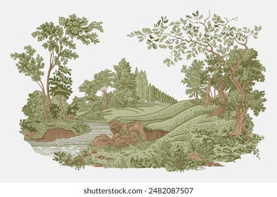 The Summer Landscape. Vector vintage illustration. Green