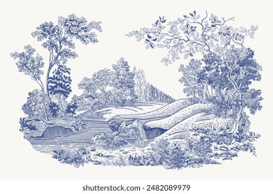 El paisaje veraniego. Ilustración vintage de Vector. Azul y blanco