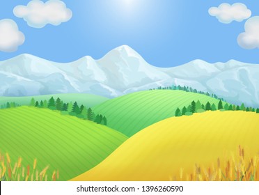 Summer landscape view of green meadows, mountains