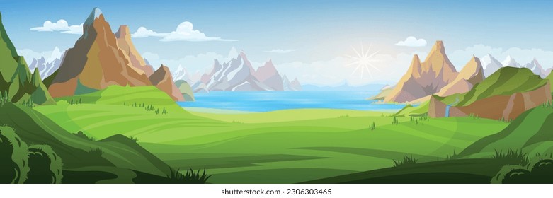 Summer landscape with view of green valley mountains and lake flat vector illustration