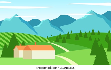 Summer landscape. Village in mountains. Small town. Rural and urban landscape. Houses in the mountains among the trees, rest in a mountain village. Flat design style vector illustration
