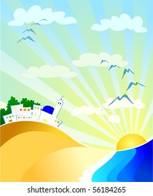 Summer landscape with village, sea and beach. Vector illustration